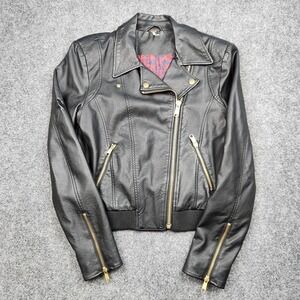 Free People Jacket Womens Small Black Faux Leather Moto Zip Short Bomber Biker